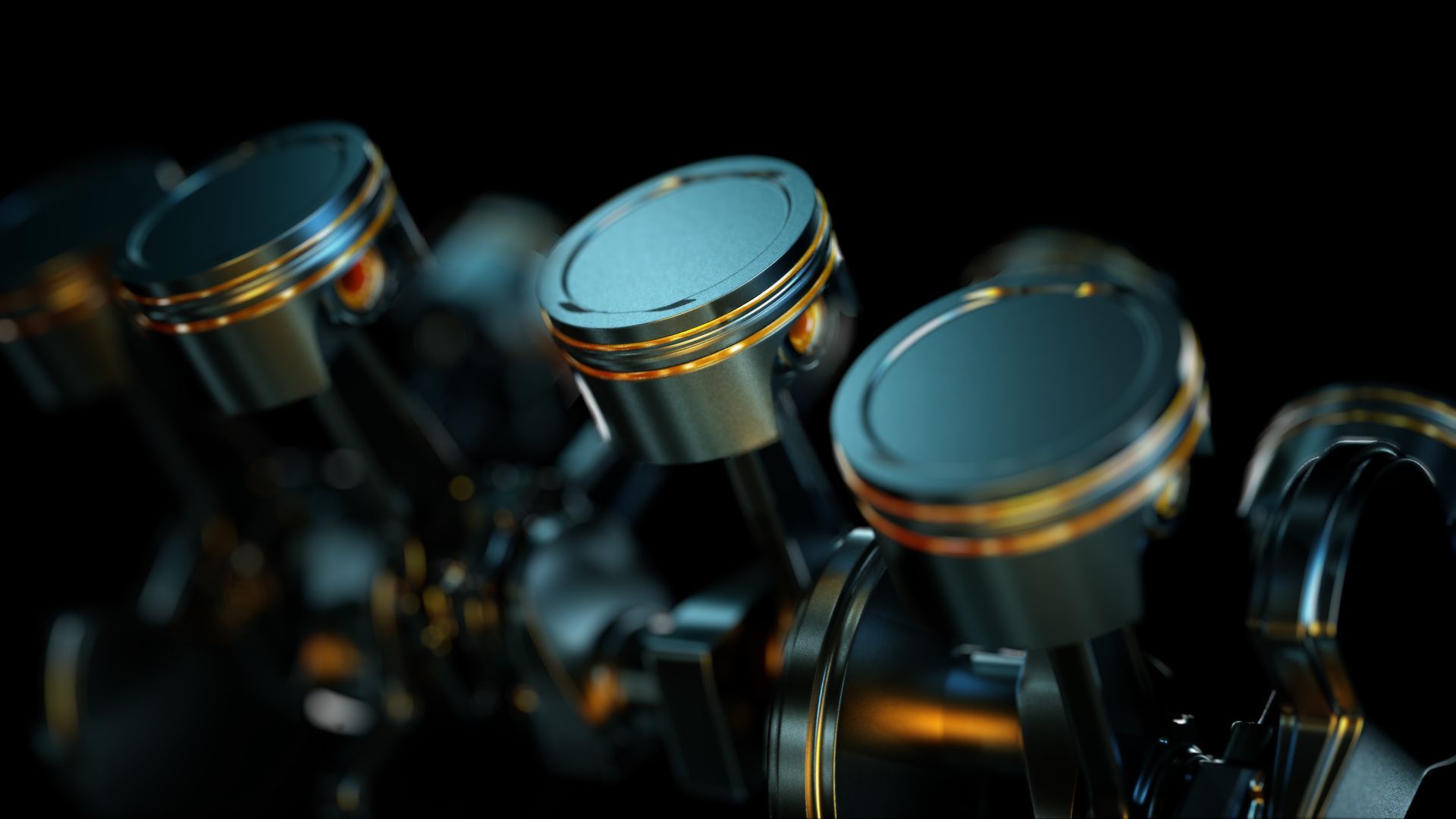 High-performance industrial engines 3D render showcasing precision pistons and mechanical motion.